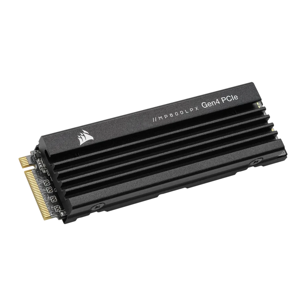 Corsair MP600 PRO LPX 2TB M.2 noir, vue dessus: dissipateur nervuré avec logo et texte Gen4 PCIe, connecteur doré - Ítem1