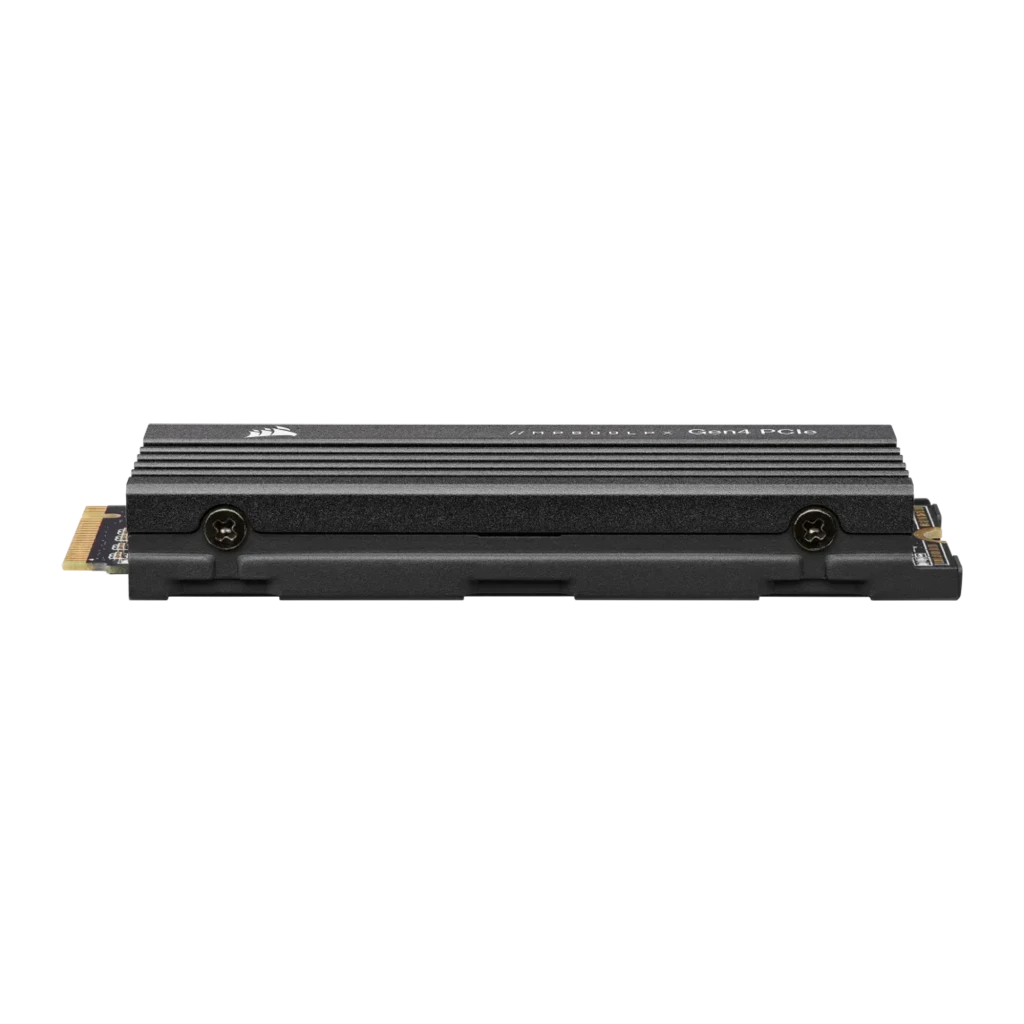 Corsair MP600 PRO LPX 2TB M.2 noir, vue dessus: dissipateur nervuré avec logo et texte Gen4 PCIe, connecteur doré - Ítem2