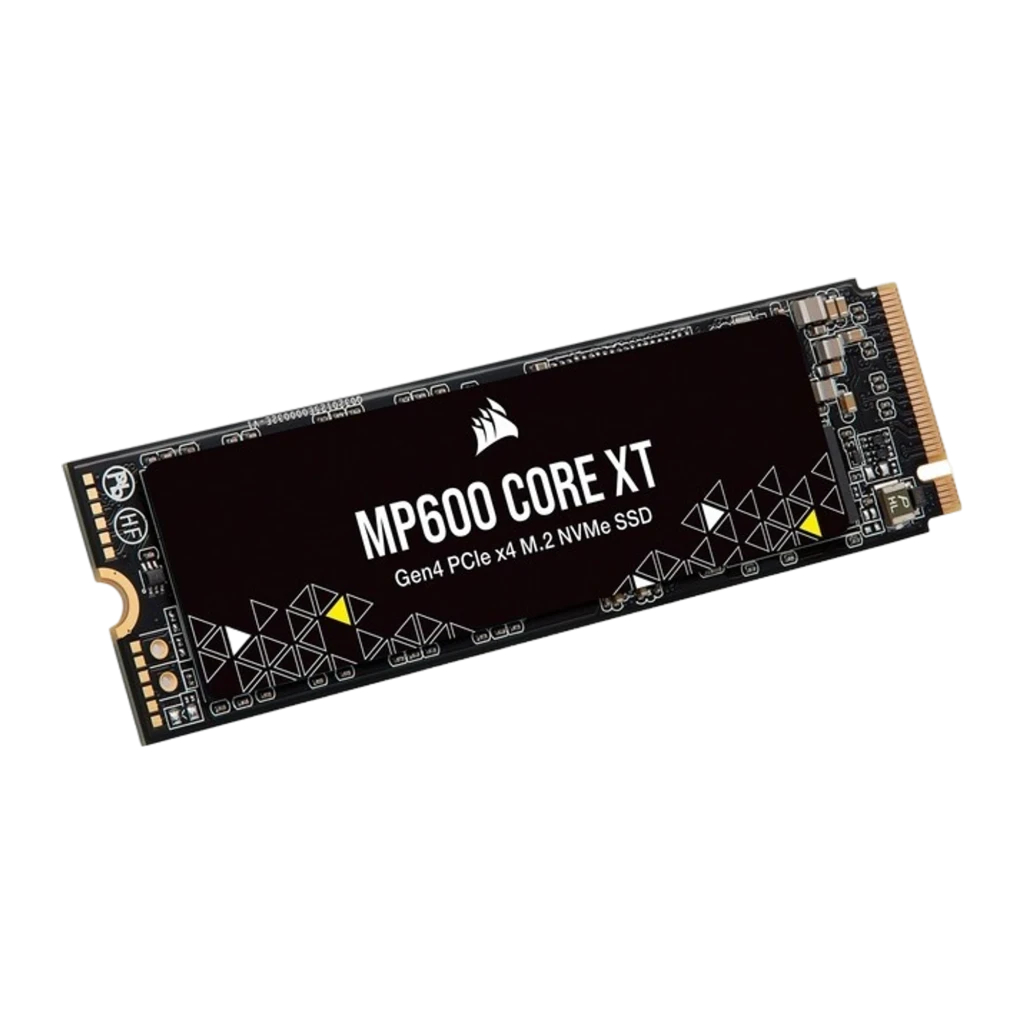 Corsair MP600 CORE XT 2TB noir, vue diagonale supérieure: étiquette avec logo et connecteur M.2 doré visibles - Ítem1