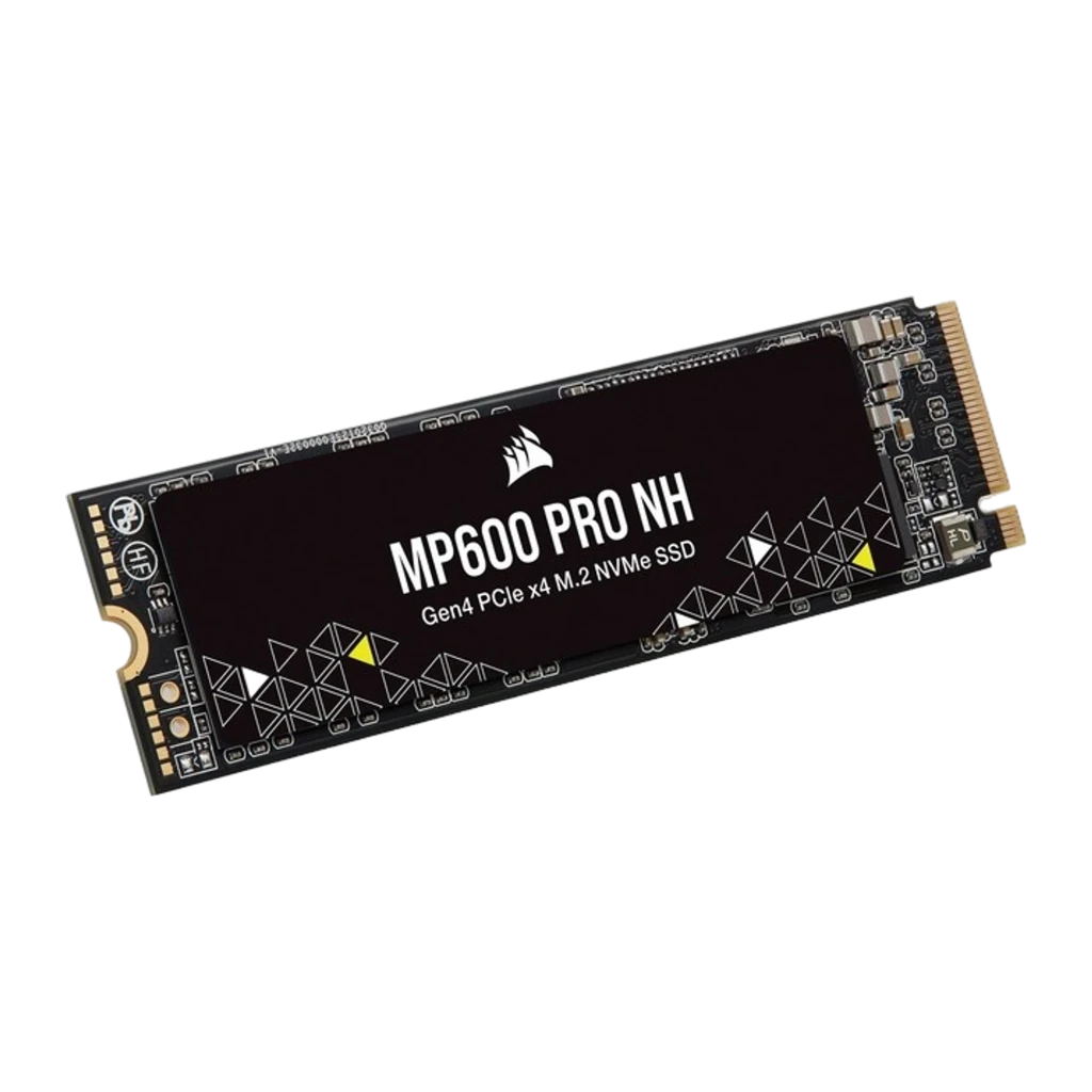 Corsair MP600 PRO NH 4TB noir, vue avant en angle: étiquette avec logo, motif triangulaire jaune et connecteur M.2 doré - Ítem1