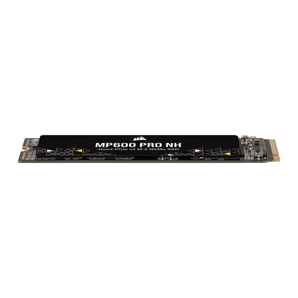 Corsair MP600 PRO NH 4TB noir, vue avant en angle: étiquette avec logo, motif triangulaire jaune et connecteur M.2 doré - Ítem2