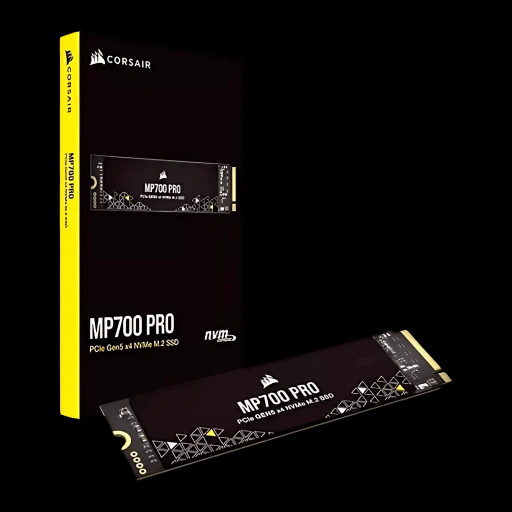 Corsair MP700 PRO 1TB noir, boîte et unité: emballage noir et jaune à côté du SSD M.2 vue de face