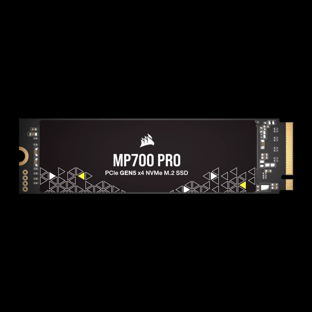 Corsair MP700 PRO 2TB preto, vista frontal: etiqueta com logo, padrão geométrico e conector M.2 dourado