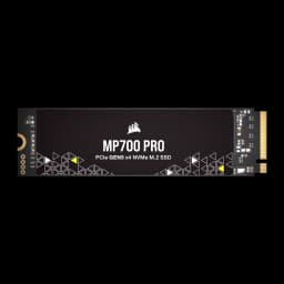 Corsair MP700 PRO 2TB preto, vista frontal: etiqueta com logo, padrão geométrico e conector M.2 dourado