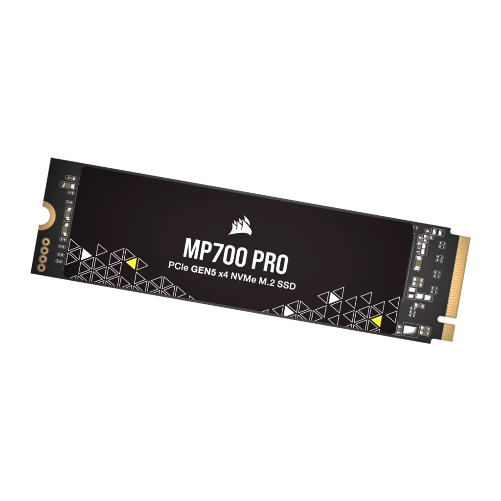 Corsair MP700 PRO 2TB noir, vue de face: étiquette avec logo, motif géométrique et connecteur M.2 doré - Ítem1