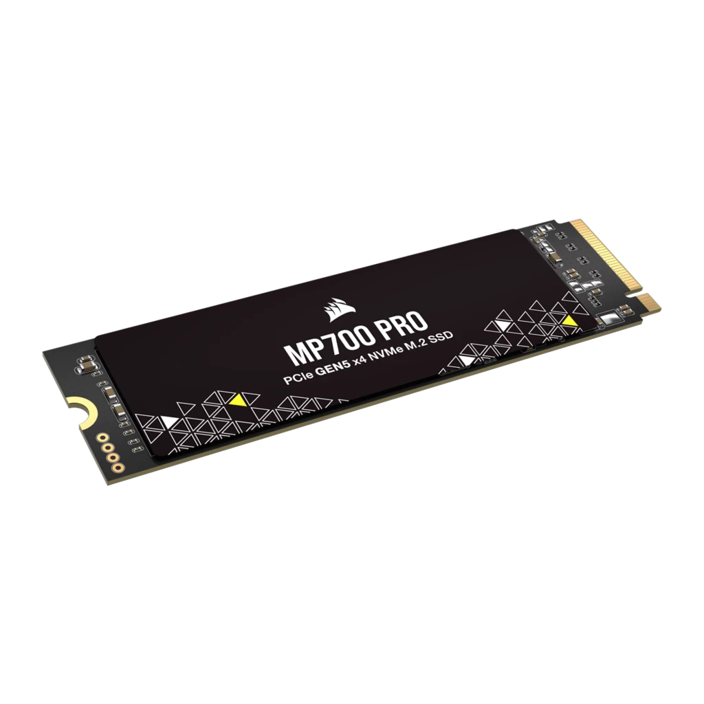 Corsair MP700 PRO 2TB noir, vue de face: étiquette avec logo, motif géométrique et connecteur M.2 doré - Ítem2