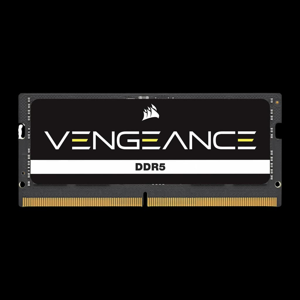 Corsair Vengeance DDR5 16GB 4800MHz SO-DIMM negro, vista frontal: etiqueta negra con logo y texto DDR5, contactos dorados