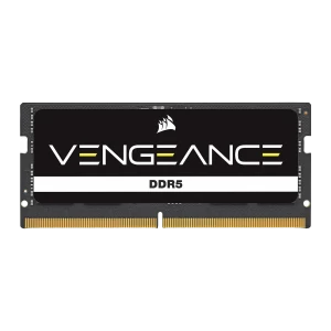 Corsair Vengeance DDR5 16GB 4800MHz SO-DIMM preto, vista frontal: etiqueta preta com logo e texto DDR5, contactos dourados