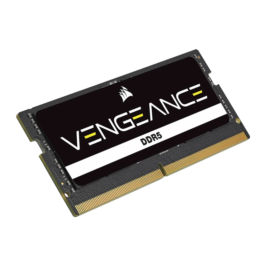Corsair Vengeance DDR5 16GB 4800MHz SO-DIMM preto, vista frontal: etiqueta preta com logo e texto DDR5, contactos dourados - Item1