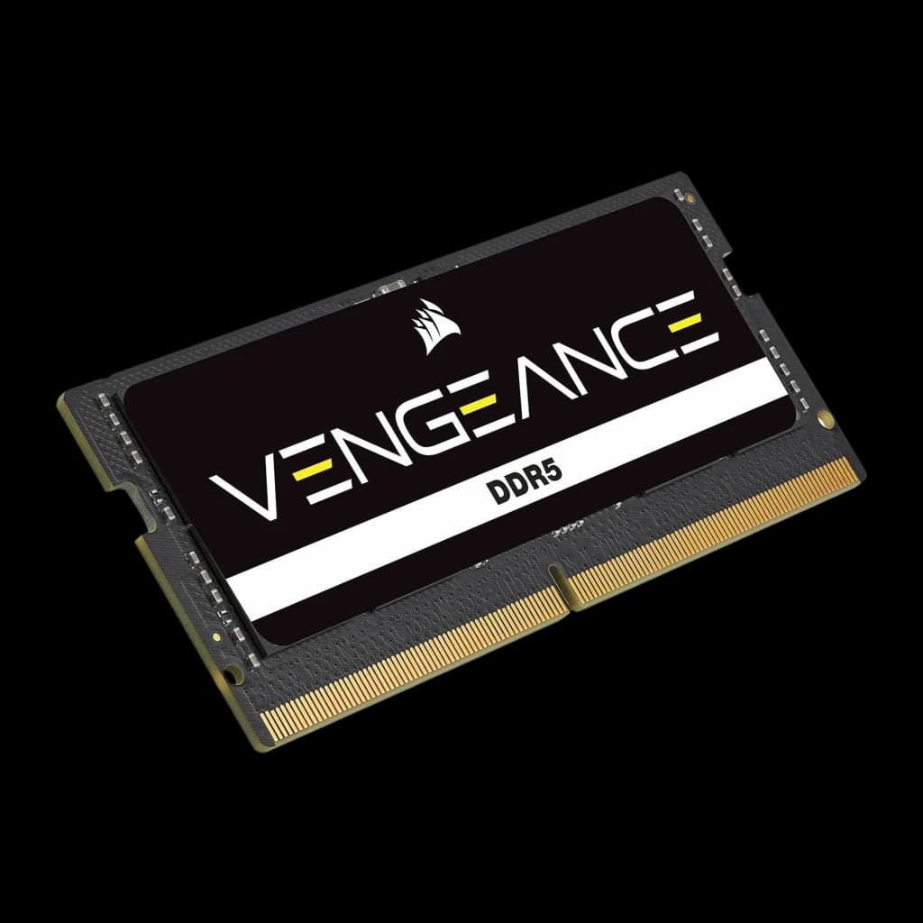 Corsair Vengeance DDR5 16GB 4800MHz SO-DIMM negro, vista en ángulo izquierdo: cara frontal y lateral inferior con contactos