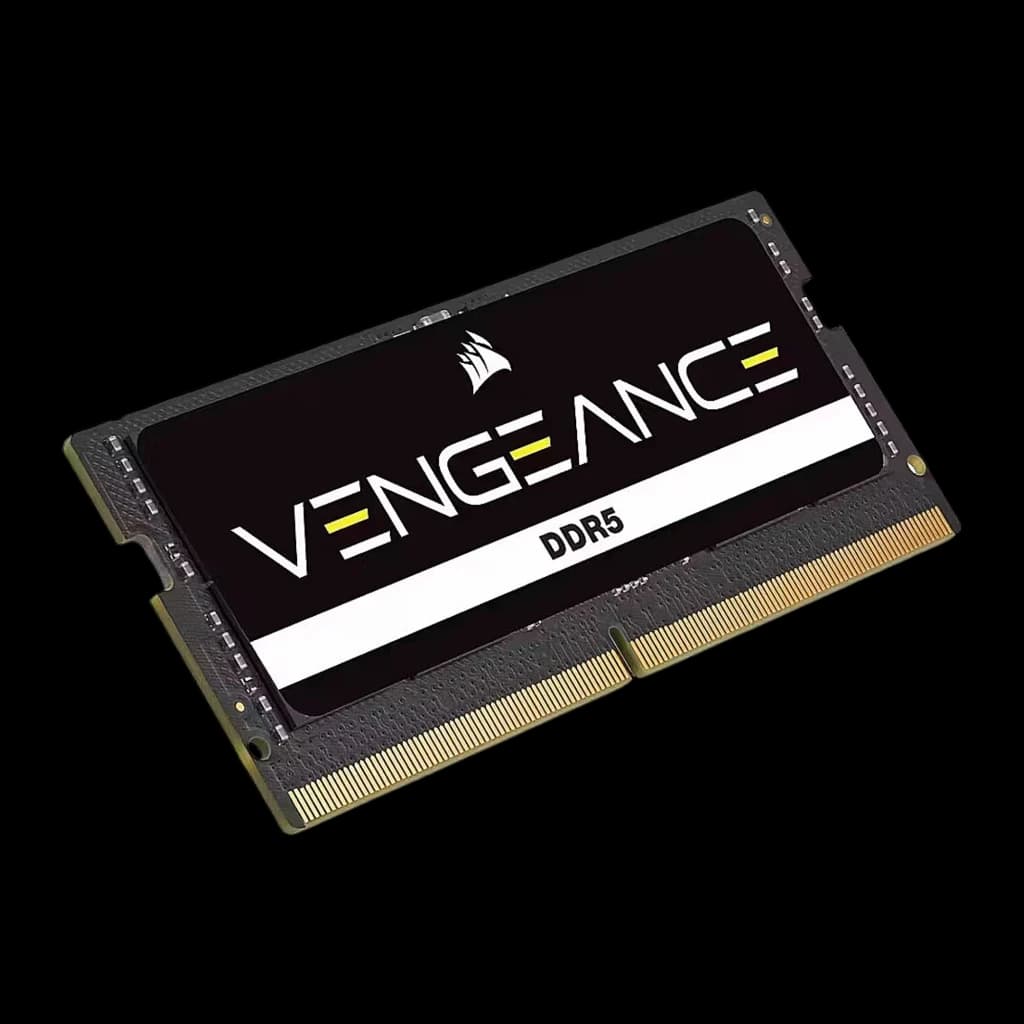 Corsair Vengeance DDR5 24GB negro, vista en ángulo: PCB verde y lateral visibles, etiqueta VENGEANCE DDR5 y pines dorados