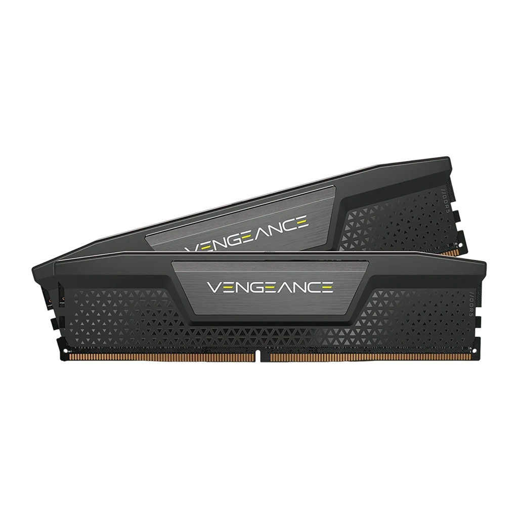 Corsair Vengeance DDR5 32GB 5600MHz preto, vista frontal: módulo DIMM com dissipador preto e logo Vengeance em amarelo - Item1