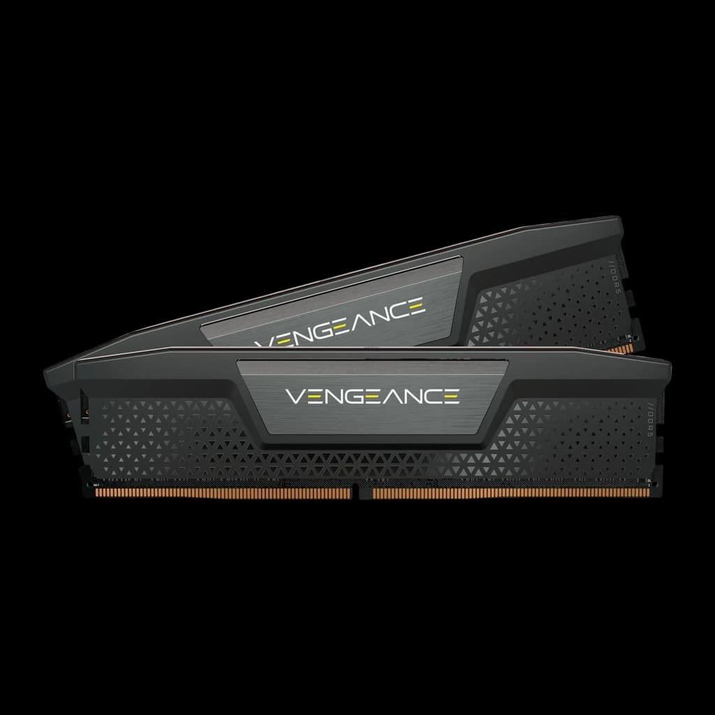 Corsair Vengeance 48GB DDR5-5200 Kit negro, vista lateral: dos módulos escalonados con disipador texturizado y logo amarillo