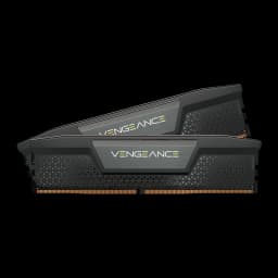 Corsair Vengeance 48GB DDR5-5200 Kit negro, vista lateral: dos módulos escalonados con disipador texturizado y logo amarillo