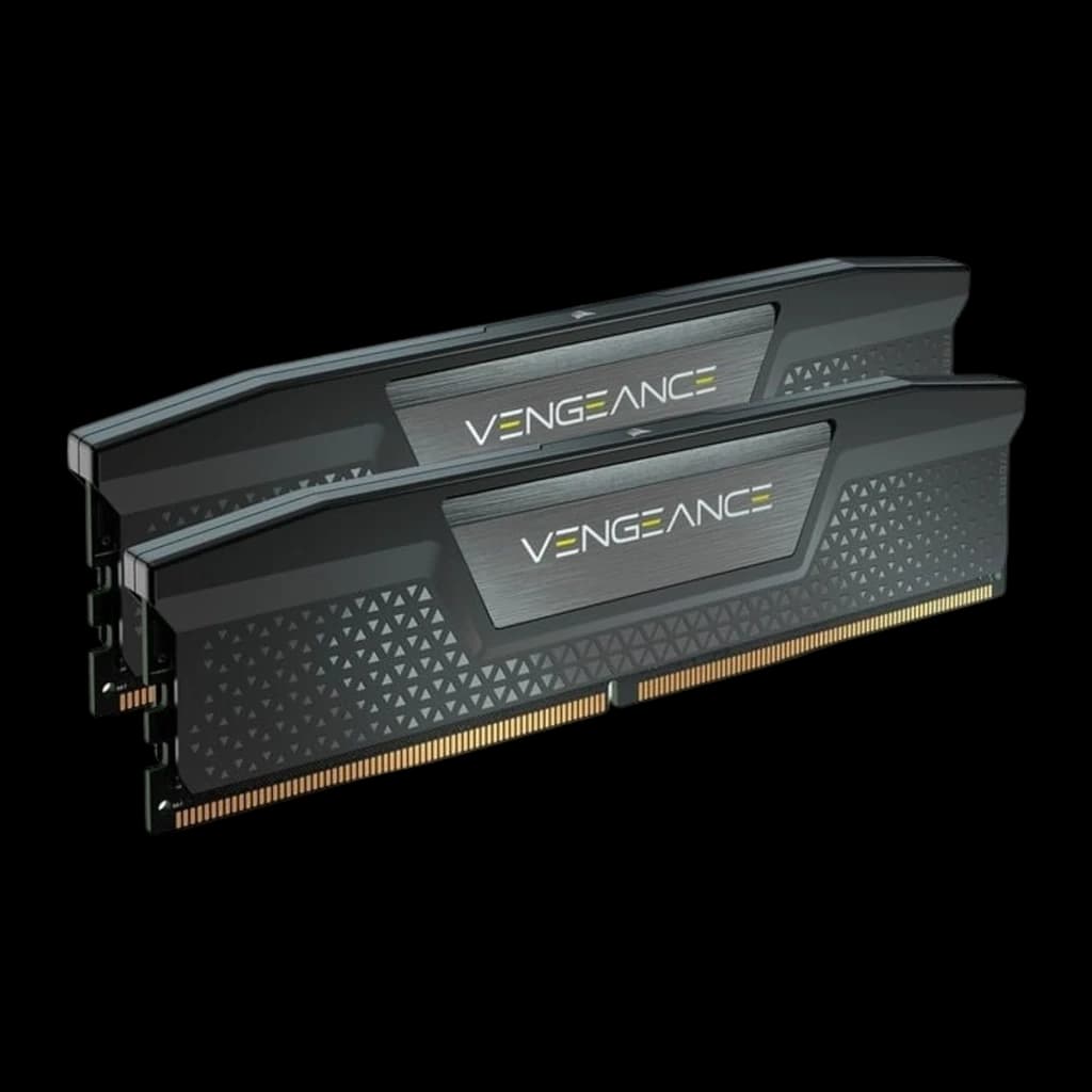 Corsair Vengeance 48GB DDR5-5200 Kit negro, vista en perspectiva: dos módulos en ángulo mostrando disipador liso y contactos