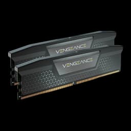 Corsair Vengeance 48GB DDR5-5200 Kit negro, vista en perspectiva: dos módulos en ángulo mostrando disipador liso y contactos