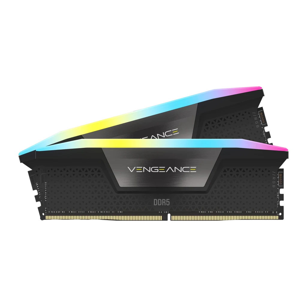 Corsair Vengeance DDR5-6600 64GB preto, vista frontal em perspectiva: kit de 2 módulos com iluminação RGB na parte superior - Item1