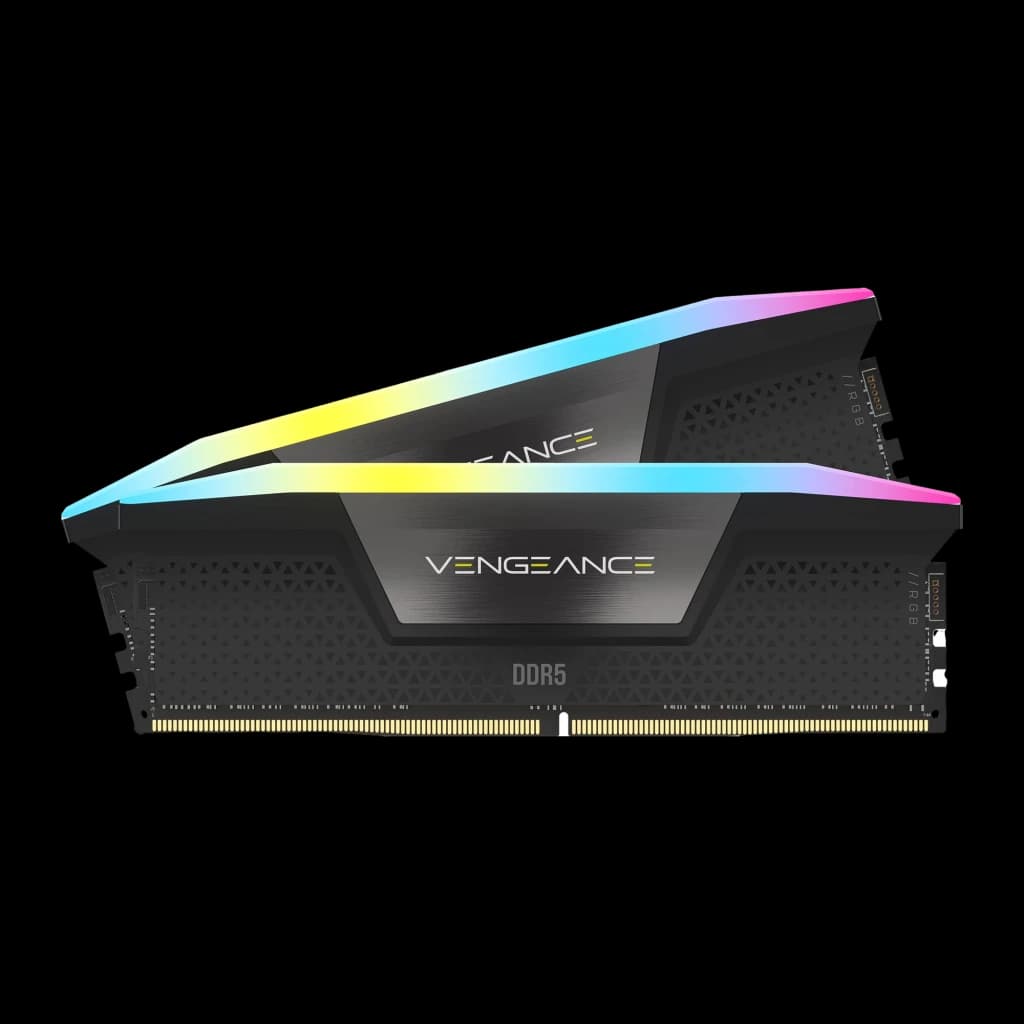 Corsair Vengeance DDR5-6600 64GB negro, vista lateral: kit de 2 módulos escalonados mostrando conectores DDR5 y RGB encendido