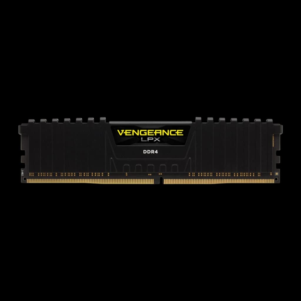 Corsair Vengeance LPX 32GB DDR4 2666MHz negro, vista frontal: disipador negro con logo amarillo y contactos dorados