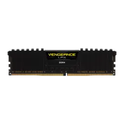 Corsair Vengeance LPX 32GB DDR4 2666MHz negro, vista frontal: disipador negro con logo amarillo y contactos dorados