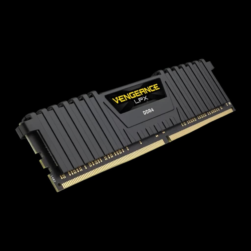 Corsair Vengeance LPX 32GB DDR4 2666MHz negro, vista en perspectiva: ángulo 3/4 que muestra grosor del disipador y aletas