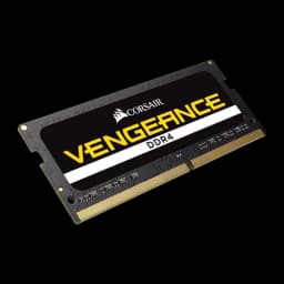 Corsair Vengeance DDR4 32GB 2933 CL19 negro, vista en perspectiva: módulo SO-DIMM con etiqueta amarilla y contactos dorados