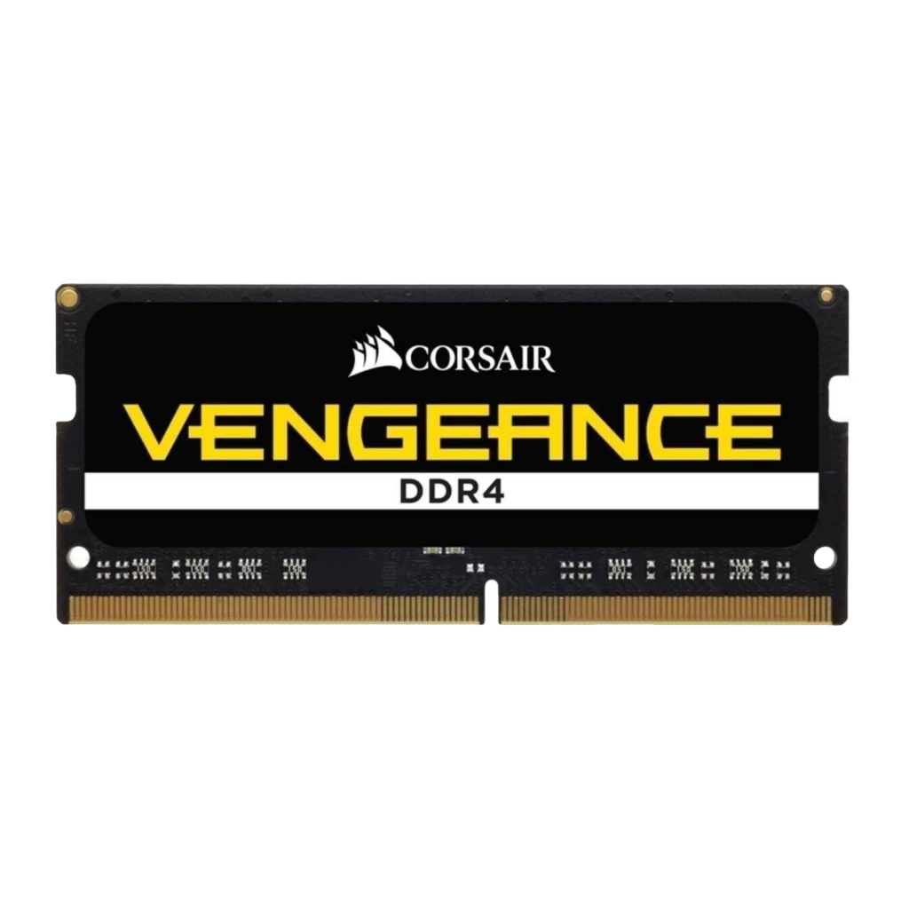 Corsair Vengeance DDR4 32GB 2933 CL19 noir, vue en perspective: module SO-DIMM avec étiquette jaune et contacts dorés - Ítem1