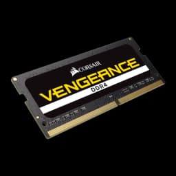 Corsair Vengeance DDR4 32GB negro, vista frontal en ángulo: módulo SO-DIMM con etiqueta negra y letras amarillas Vengeance