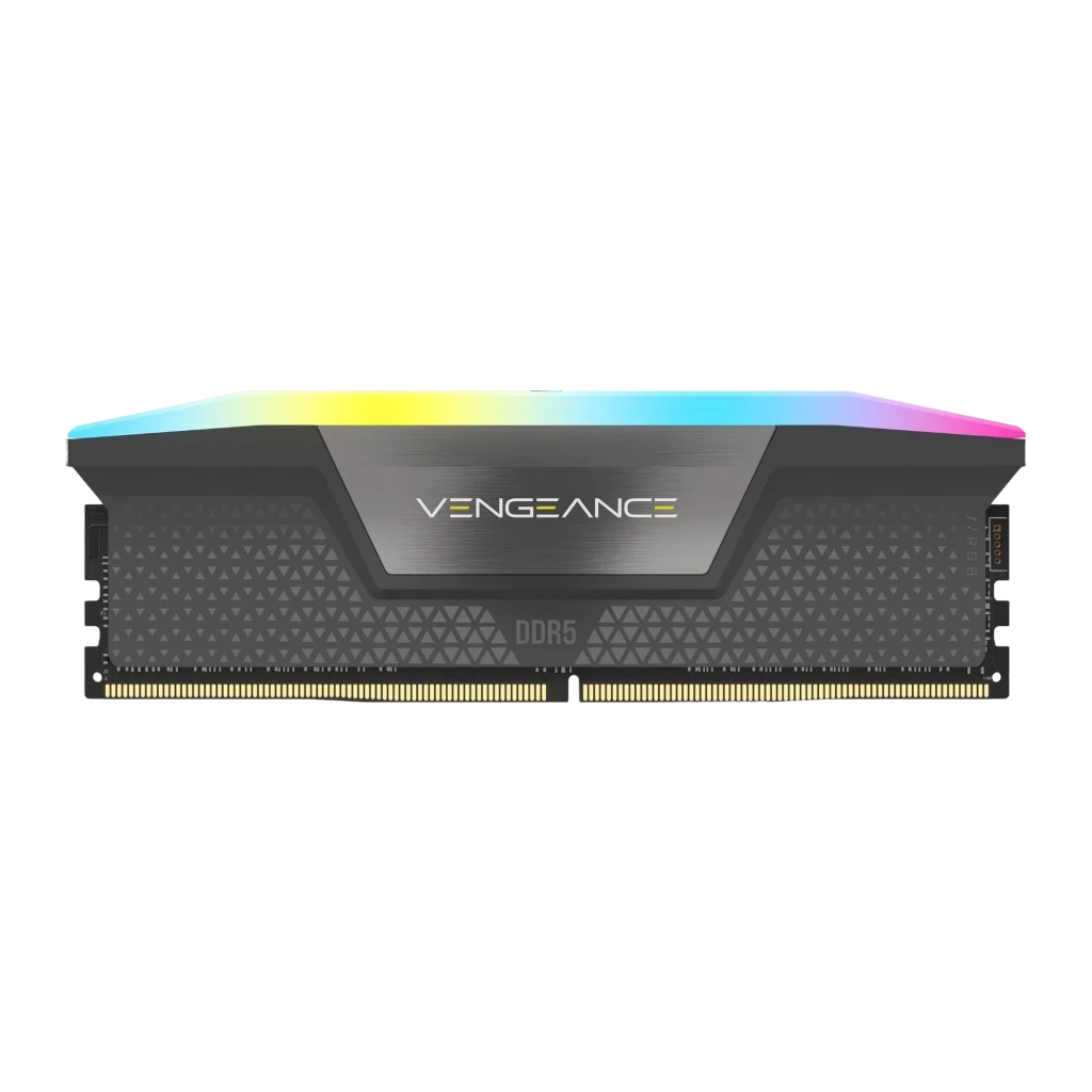 Corsair Vengeance DDR5 32GB 6000MHz CL36 cinza, vista em perspectiva: kit dual com iluminação RGB na barra superior - Item2