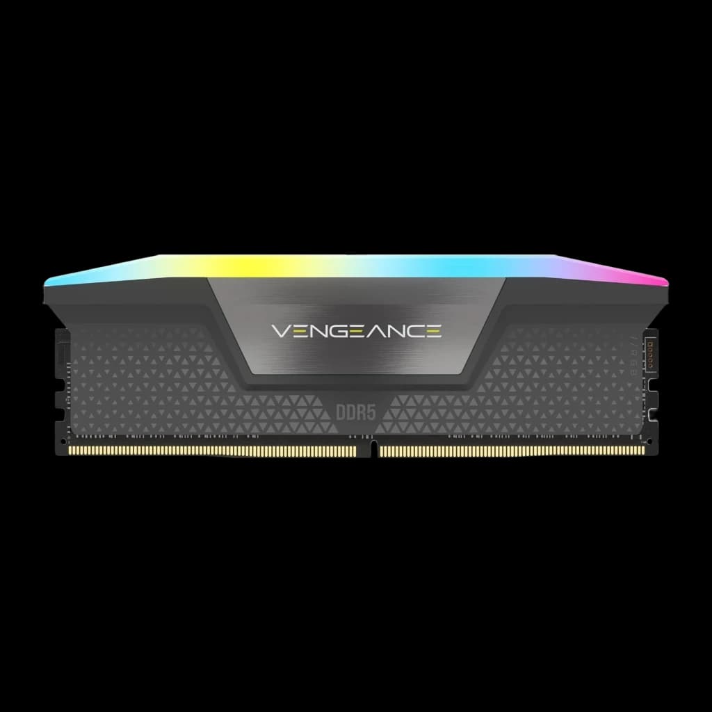 Corsair Vengeance DDR5 32GB 6000MHz CL36 gris, vista frontal: un módulo con logo Vengeance, DDR5 y contactos dorados