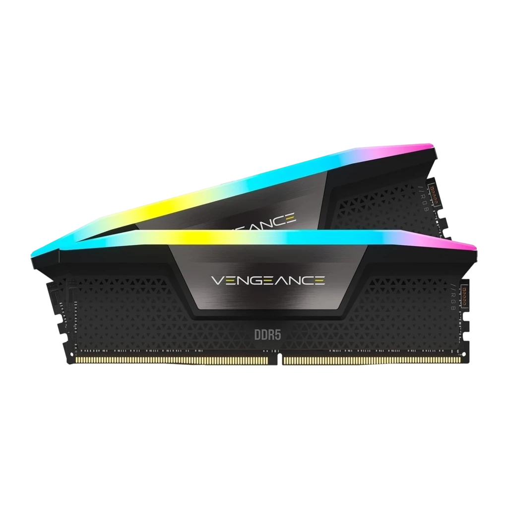 Corsair Vengeance DDR5 48GB 6000 CL36 noir, vue en perspective: deux barrettes RAM avec éclairage RGB multicolore sur la - Ítem1