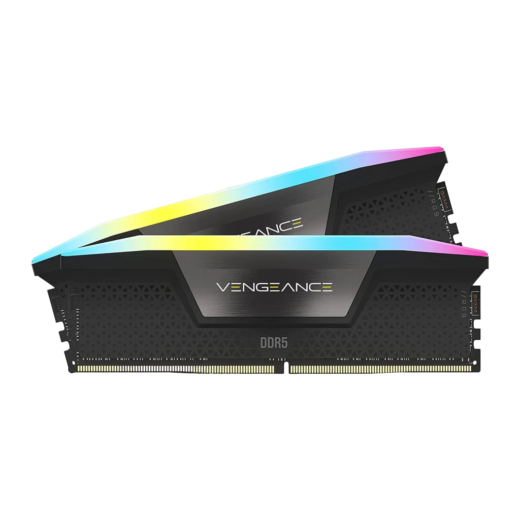 Corsair Vengeance DDR5 48GB 6400MHz CL36 preto, vista em perspectiva: dois módulos RAM com iluminação RGB na barra superior - Item1
