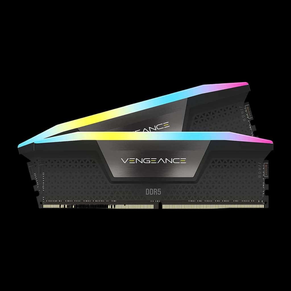 Corsair Vengeance DDR5 48GB 6400MHz CL36 negro, vista lateral: dos módulos escalonados mostrando disipador texturizado y RGB