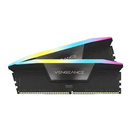 Corsair Vengeance DDR5 48GB 6400MHz CL36 negro, vista lateral: dos módulos escalonados mostrando disipador texturizado y RGB