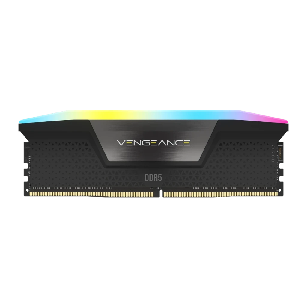 Corsair Vengeance DDR5 48GB 6400MHz CL36 preto, vista em perspectiva: dois módulos RAM com iluminação RGB na barra superior - Item2