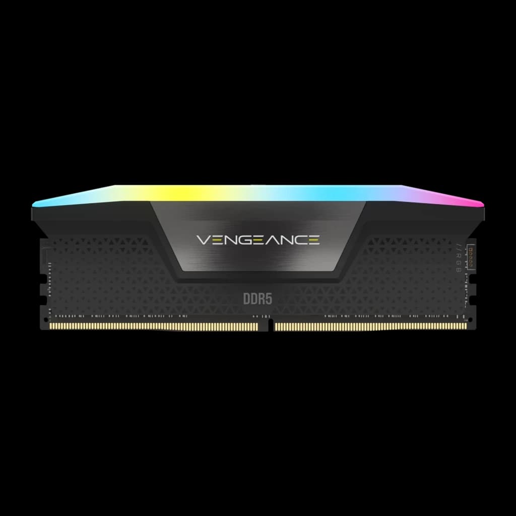 Corsair Vengeance DDR5 48GB 6400MHz CL36 negro, vista frontal: un módulo único con logo Vengeance, DDR5 y tira RGB en la