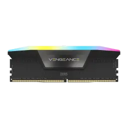 Corsair Vengeance DDR5 48GB 6400MHz CL36 negro, vista frontal: un módulo único con logo Vengeance, DDR5 y tira RGB en la
