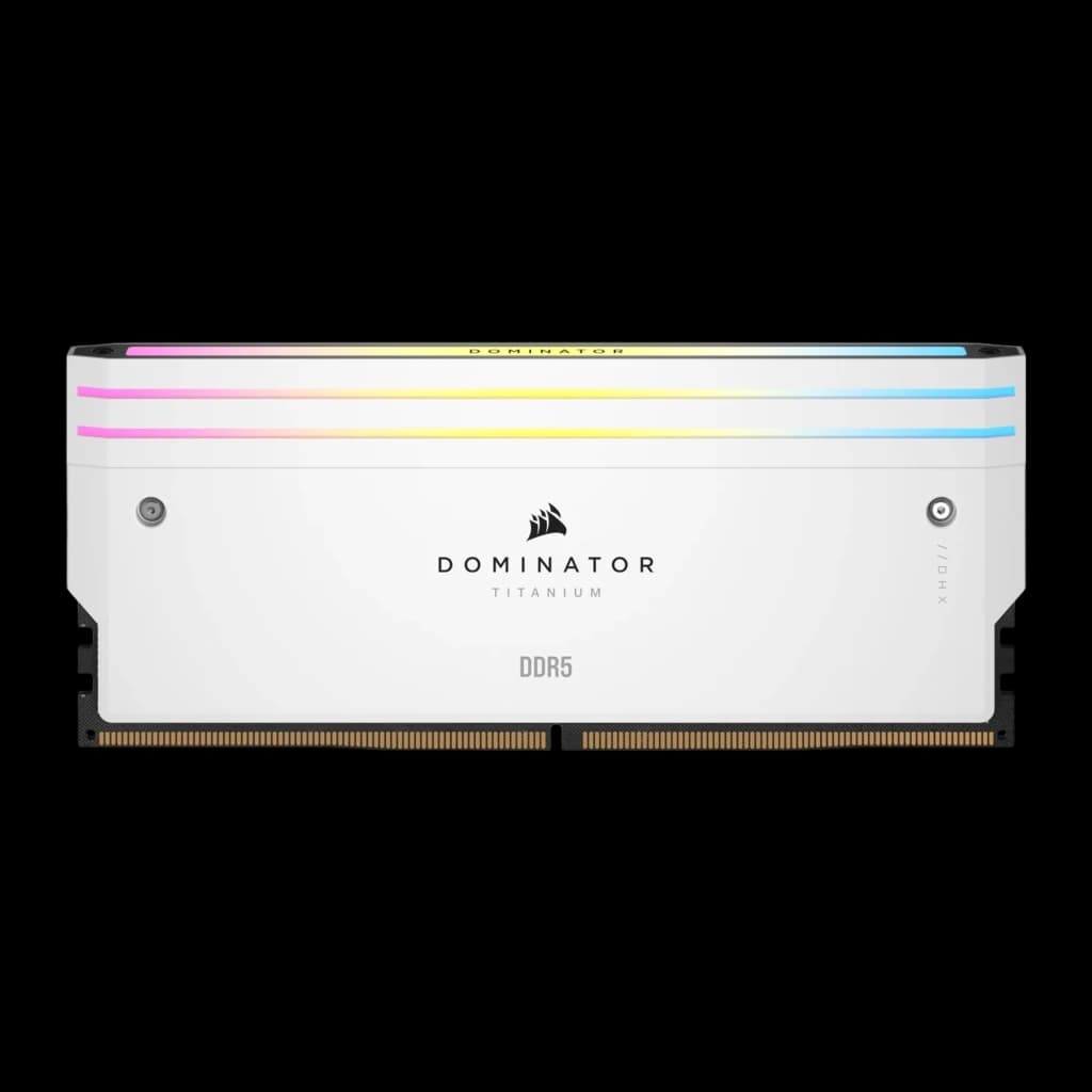 Corsair Dominator Titanium DDR5 64GB 6000MHz CL36 blanco, vista frontal: disipador blanco con iluminación RGB en la parte