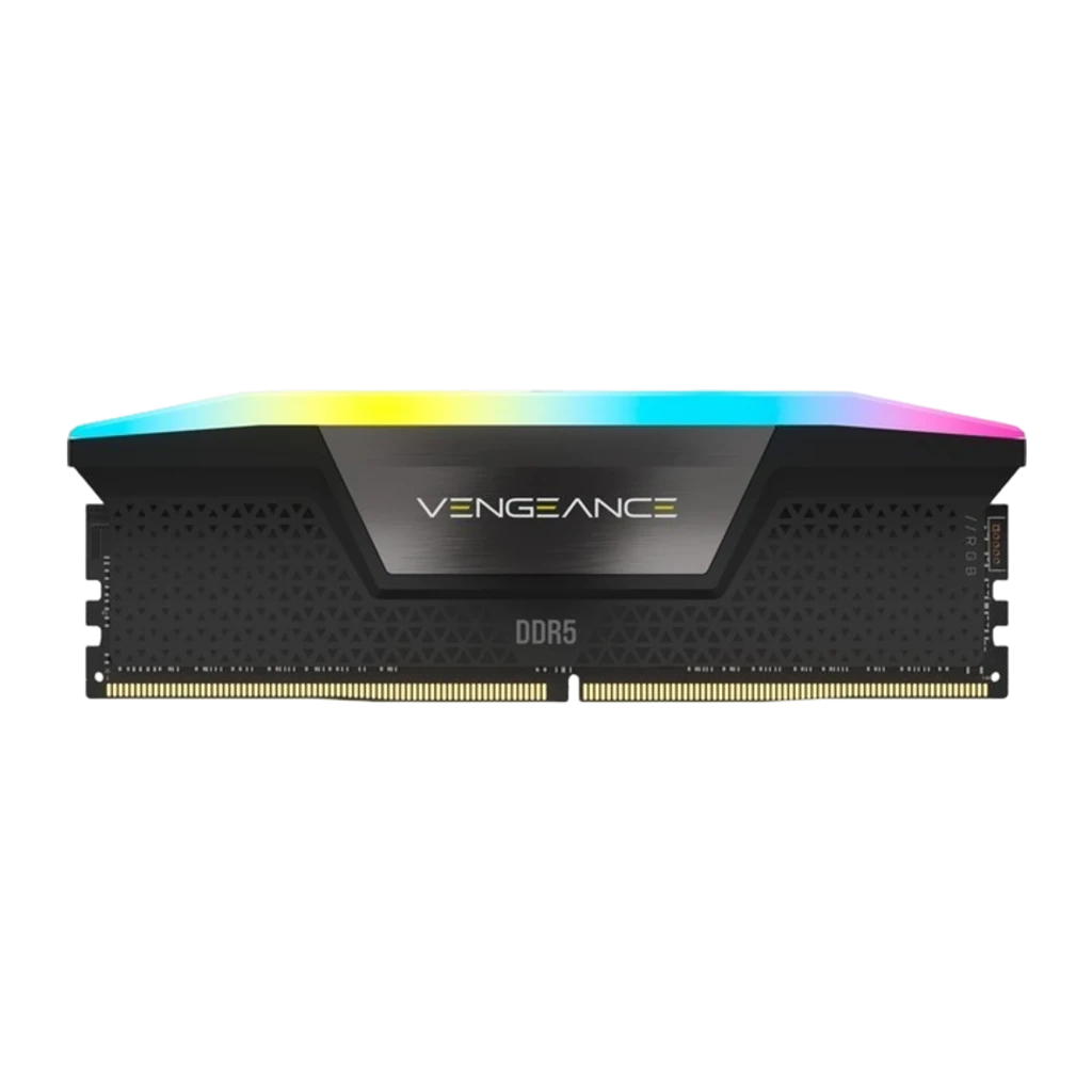 Corsair Vengeance DDR5 96GB 5600 CL40 negro, vista en perspectiva: dos módulos RAM con iluminación RGB en la parte superior - Ítem1