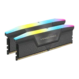 Corsair Vengeance RGB DDR5 32GB 6000MHz negro, vista en perspectiva: dos módulos DIMM con iluminación RGB en difusor superior