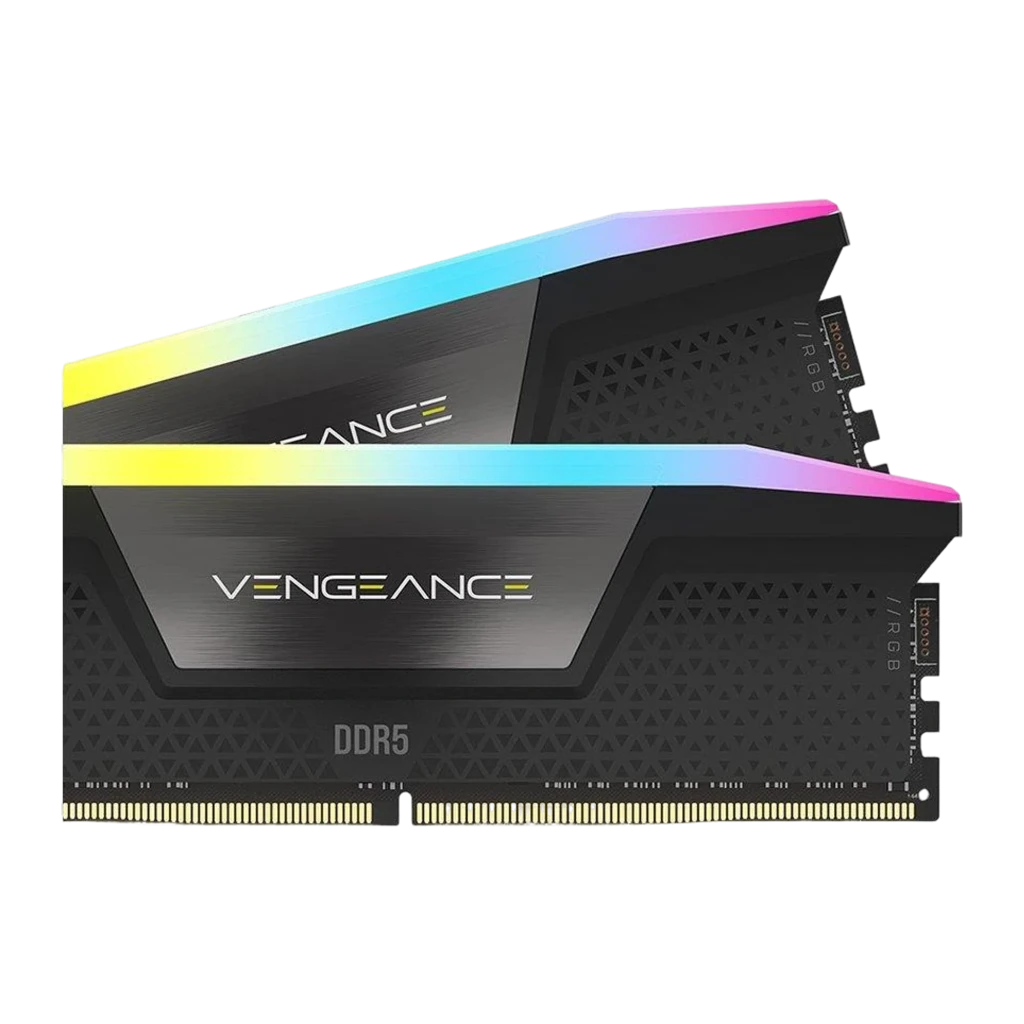 Corsair Vengeance RGB DDR5 32GB 6000MHz preto, vista em perspectiva: dois módulos DIMM com iluminação RGB no difusor superior - Item1