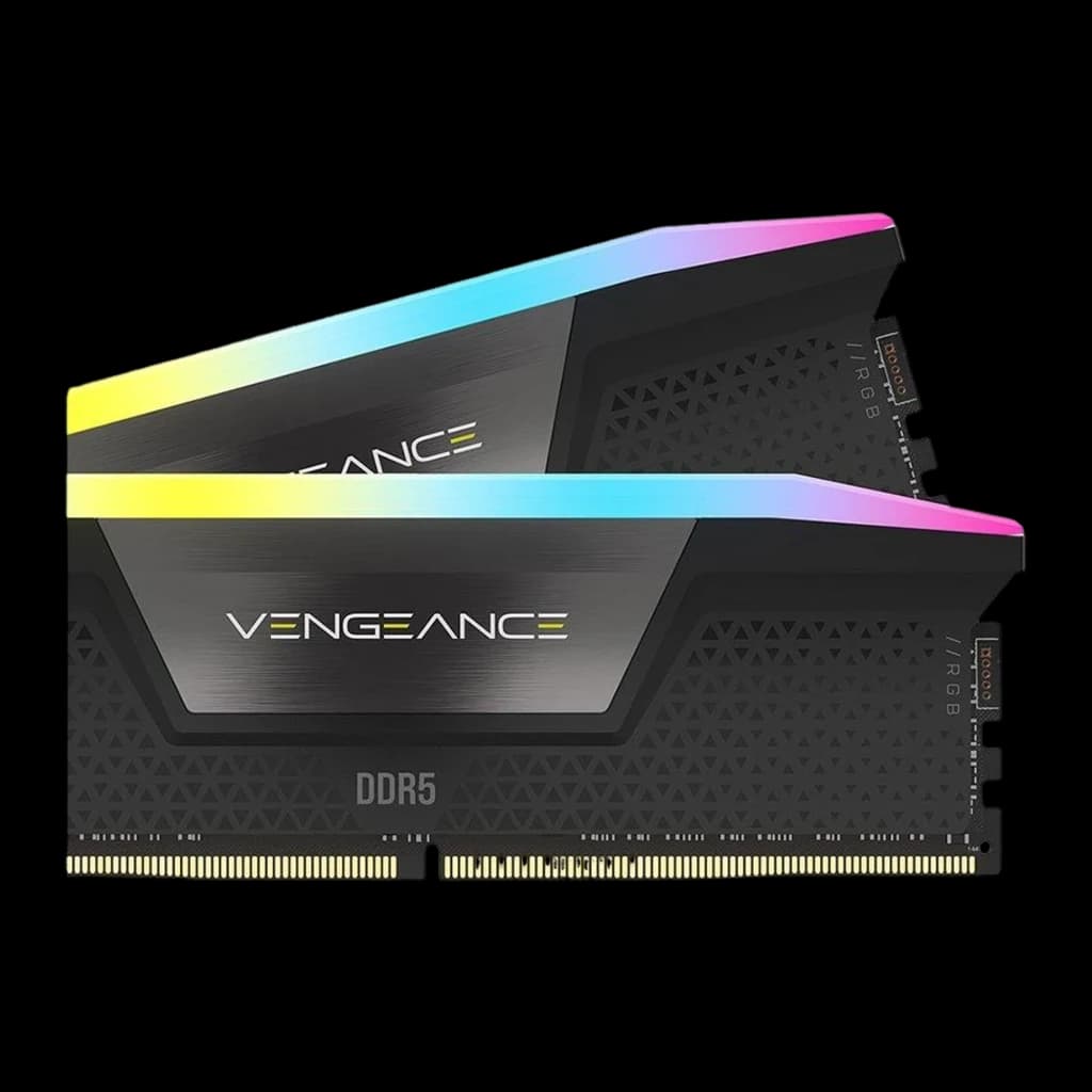 Corsair Vengeance RGB DDR5 32GB 6000MHz negro, vista frontal: dos módulos DIMM escalonados, DDR5 y conector RGB visibles
