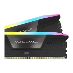Corsair Vengeance RGB DDR5 32GB 6000MHz negro, vista frontal: dos módulos DIMM escalonados, DDR5 y conector RGB visibles