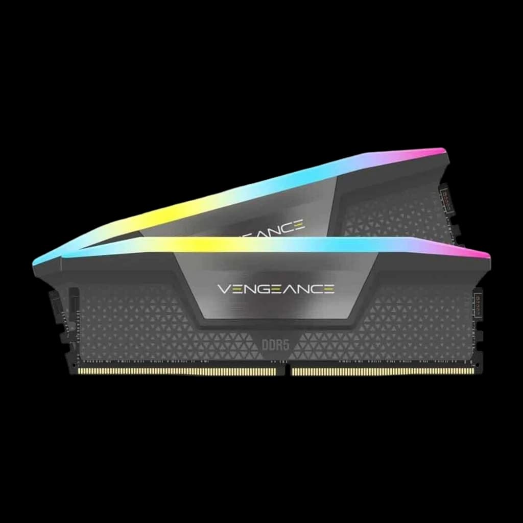 Corsair Vengeance RGB DDR5 32GB 6000MHz negro, vista lateral: dos módulos DIMM alineados mostrando perfil del disipador y RGB