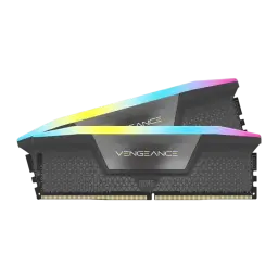 Corsair Vengeance RGB DDR5 32GB 6000MHz negro, vista lateral: dos módulos DIMM alineados mostrando perfil del disipador y RGB