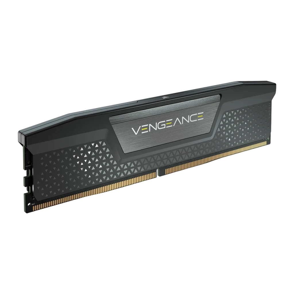 Corsair Vengeance DDR5 16GB Preto, vista principal: kit 2x8GB em ângulo, dissipadores pretos com logo Vengeance e contatos - Item1