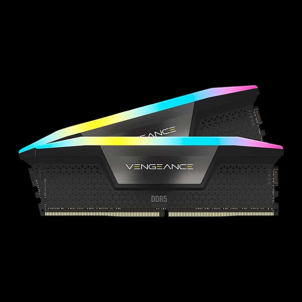 Corsair Vengeance DDR5-6000 32GB negro, vista frontal: dos módulos apilados con iluminación RGB en la parte superior