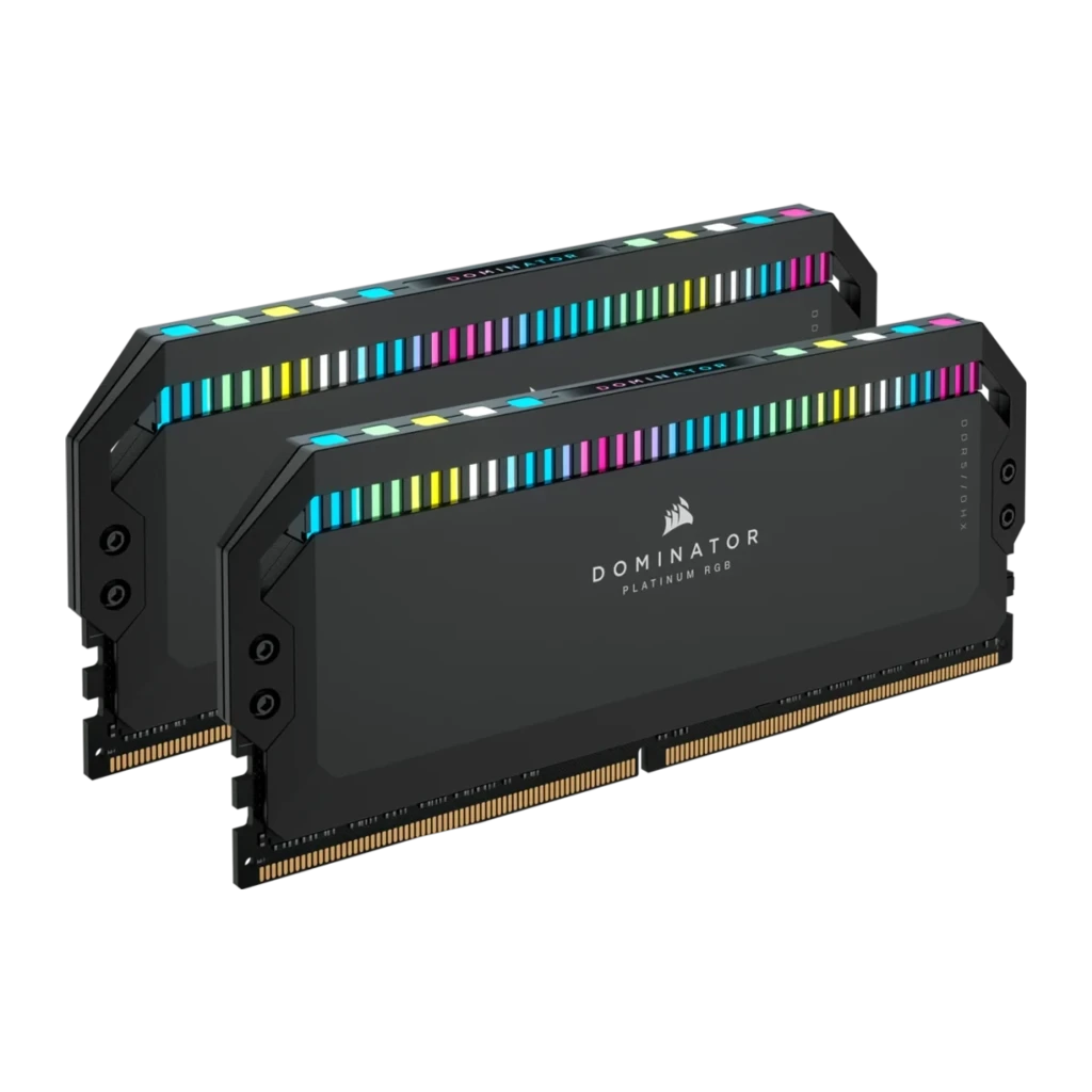 Corsair Dominator Platinum RGB 32GB DDR5 6400MHz preto, vista frontal: 2 módulos empilhados com iluminação RGB multicolor na - Item1