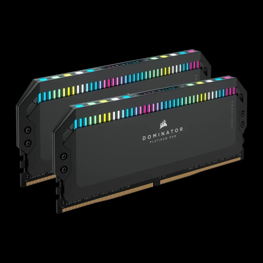 Corsair Dominator Platinum RGB 32GB DDR5 6400MHz negro, vista en ángulo: 2 módulos en paralelo mostrando lateral y tira RGB