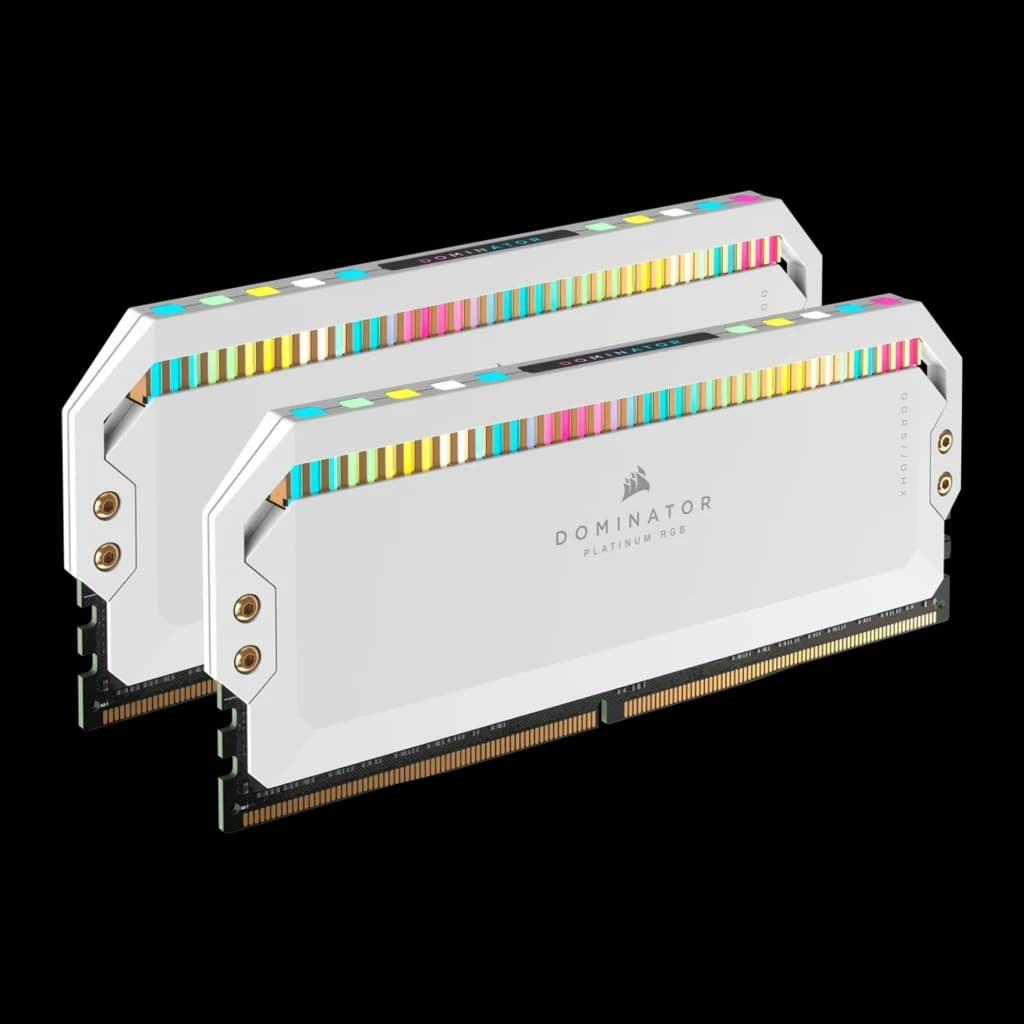 Corsair Dominator Platinum RGB 64GB DDR5 5200MHz Blanco, vista en perspectiva: kit 2x32GB con iluminación RGB multicolor en